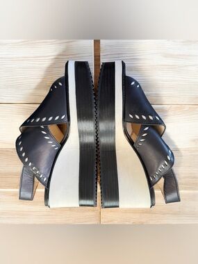 New Jil Sander Navy Leather Slingback Sandals wedge platform heels crisscross 7